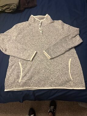 Eddie Bauer Light Heather Gray Cowl Pullover with Cream Trim